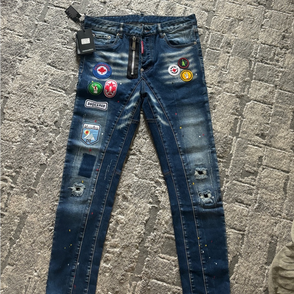 DSQUARED2 Distressed Blue Jeans with Colorful Patches size 50 euro fit.